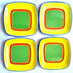 Dansk Caribe Jamaica Jade Salad Dessert Plates Lot of 4 Square Yellow Blue Green